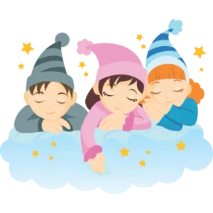 Three peacefully sleeping children in nightcaps surrounded by stars, symbolizing calm, dry nights