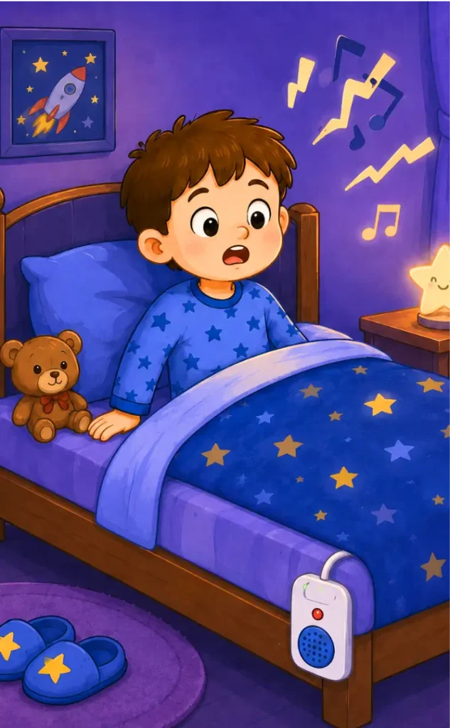 Child waking up in bed after the bedwetting alarm sounds at night.