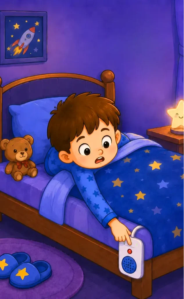 Child reaching and switching off the bedwetting alarm.