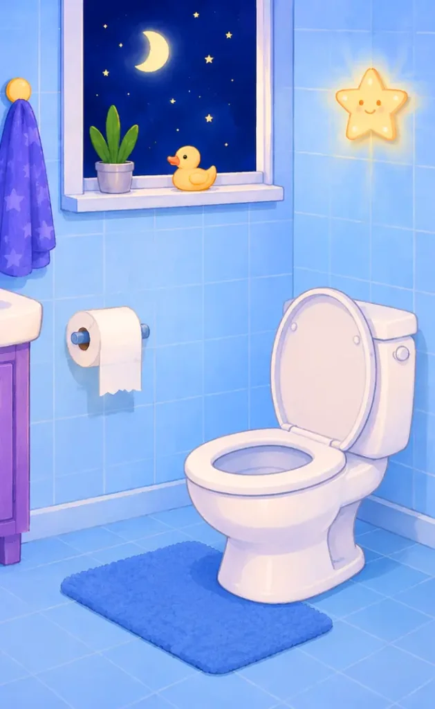 Child sitting on the toilet to finish emptying their bladder after the alarm sounds.