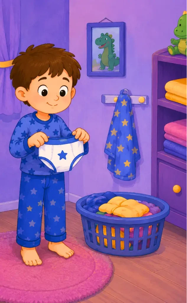 Child holding clean underwear and getting changed after a bedwetting alarm wakes them.