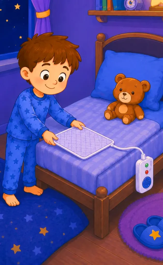 Child resetting the bedwetting alarm and sensor pad before returning to sleep.