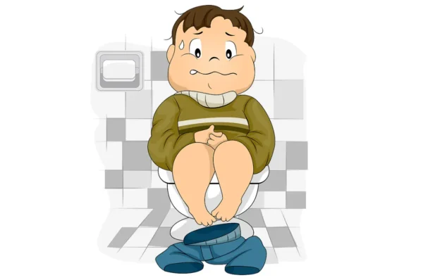 Illustration of a child sitting tensely on the toilet, showing discomfort that can occur with constipation during toilet training