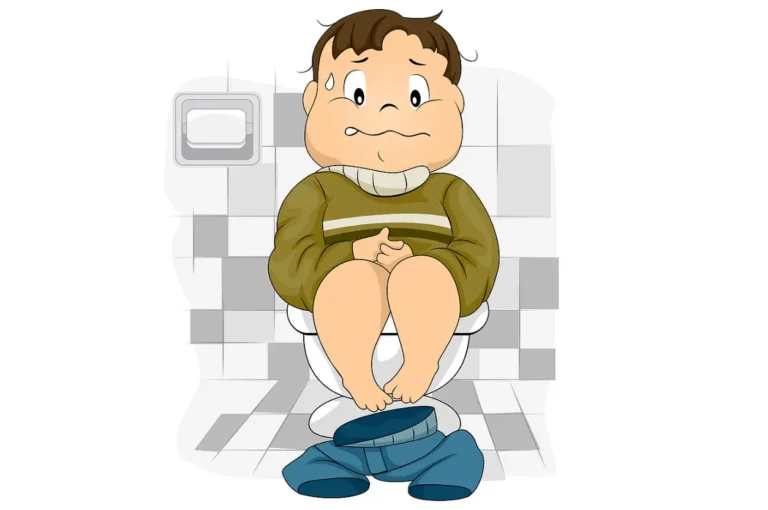 Illustration of a child sitting tensely on the toilet, showing discomfort that can occur with constipation during toilet training