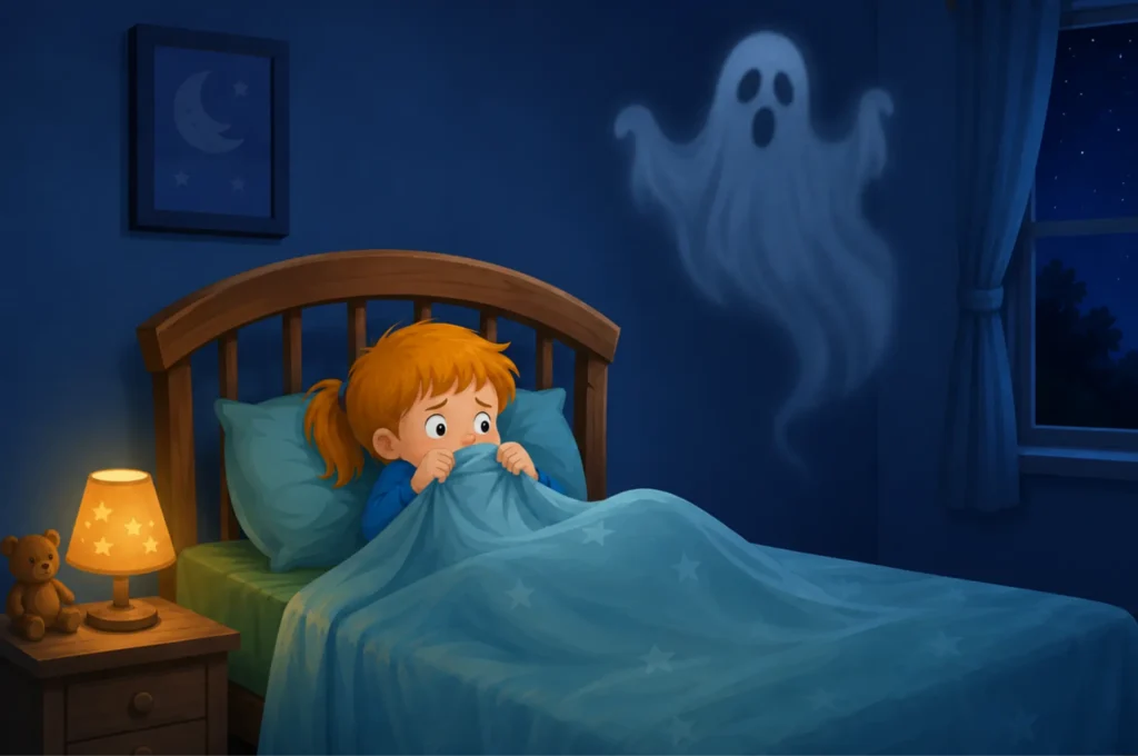 Child looking frightened in bed at night with a ghost-like shadow on the wall, showing fear of getting up to pee in the dark.
