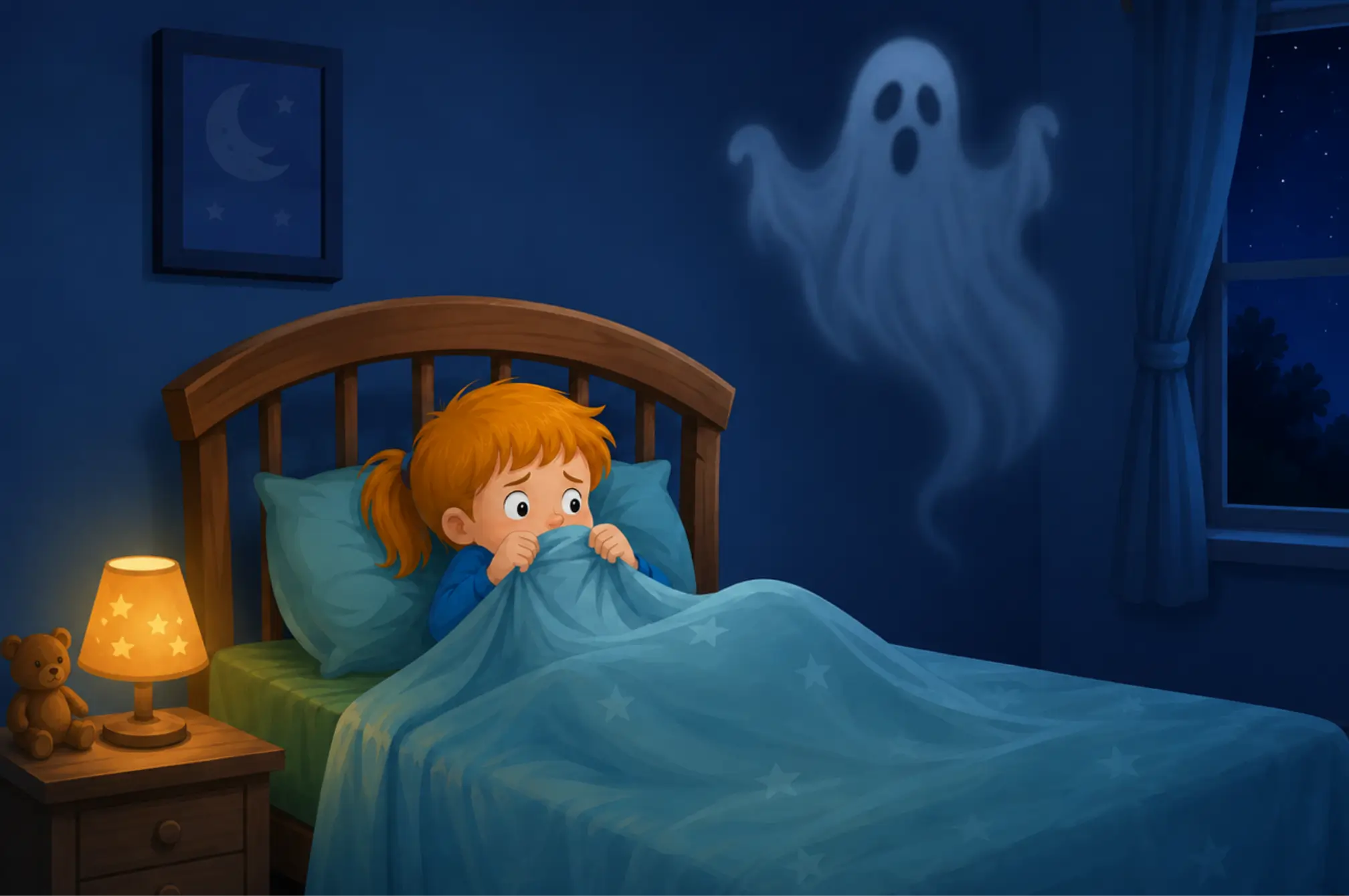 Child Scared to Get Out of Bed to Pee at Night Child looking frightened in bed at night with a ghost-like shadow on the wall, showing fear of getting up to pee in the dark.