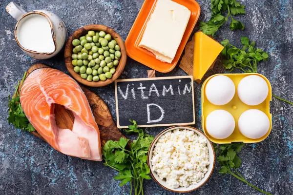 Foods containing vitamin D, including salmon, eggs, cheese and dairy products