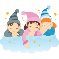 Three peacefully sleeping children in nightcaps surrounded by stars, symbolizing calm, dry nights